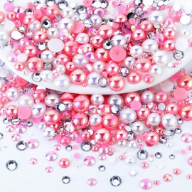 Towenm 60g Mix Flatback Pearls and Flatback Rhinestones for Crafts, 2mm-10mm Pearl Rhinestones for Tumblers Shoes Nails Face Art, Bedazzling Half Pearls and Rhinestones Gems, Dark Pinks|White