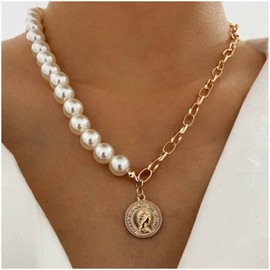 Cimenexe Vintage Coin Pendant Necklace Large Pearl Choker Necklace Gold Paper Clip Chain Necklaces Carved Coin Necklace Choker Jewellery for Women and Girls