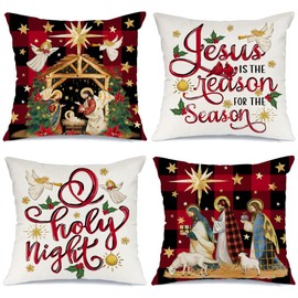 AACORS Christmas Pillow Covers 18 x 18 Inch Set of 4,Buffalo Plaid Jesus Cardinal O Holy Night Decorations Holiday Farmhouse Winter Throw Pillow Cases Decor for Sofa Couch (Red) AA618-18