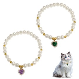 QACUU 2pcs Vintage Cute Cat Necklace Elegant Pearl Collar Set with Heart Crystal Pendant, Stylish Beaded Dog Collar Charming Pet Necklace Jewelry for Puppies Kittens and Small Pets