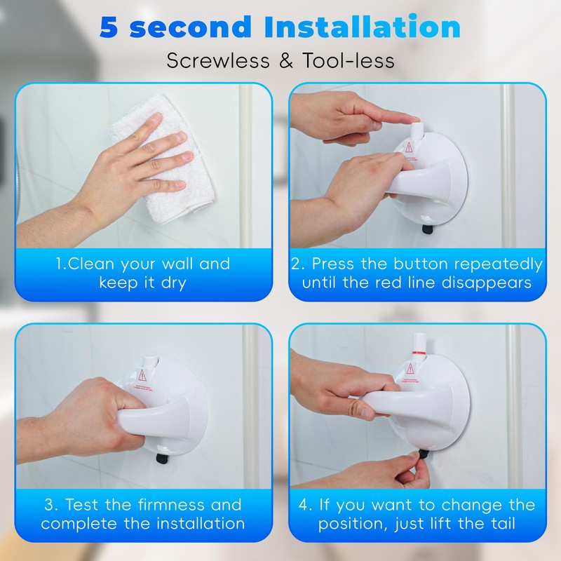 2 x Shower Handles, No Drilling, Shower Handle with Suction