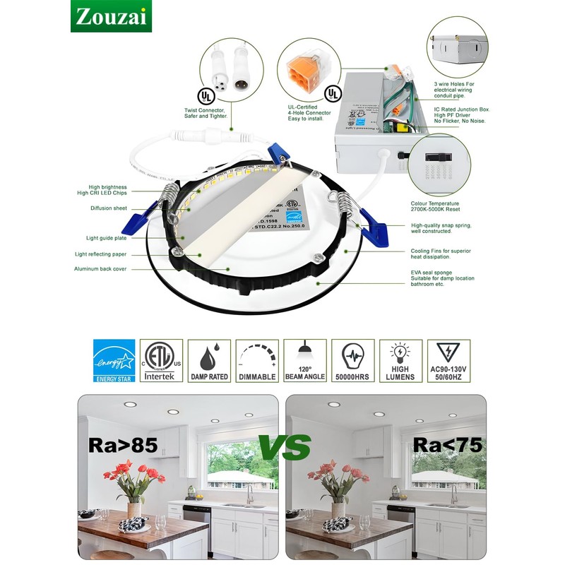 zouzai 12 Pack 6 Inch Black 5CCT Reset LED Recessed