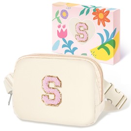 COSHAYSOO Valentines Birthday Initial Gifts for Women Teen Girls 5 6 7 8 9 10 11 12 13 14 Year Old Ivory Fanny Pack for Girls Belt Bag Crossbody Travel Purse Unique Trendy Cute Stuff Chenille Letter S
