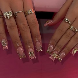 FIEONCIY Press on Nails Duck Shaped Glossy Full Cover Acrylic French False Nails with Designs Artificial Medium Duck Fake Nails with Charms Glue ons Fingernails for Women Girls(YZ03)