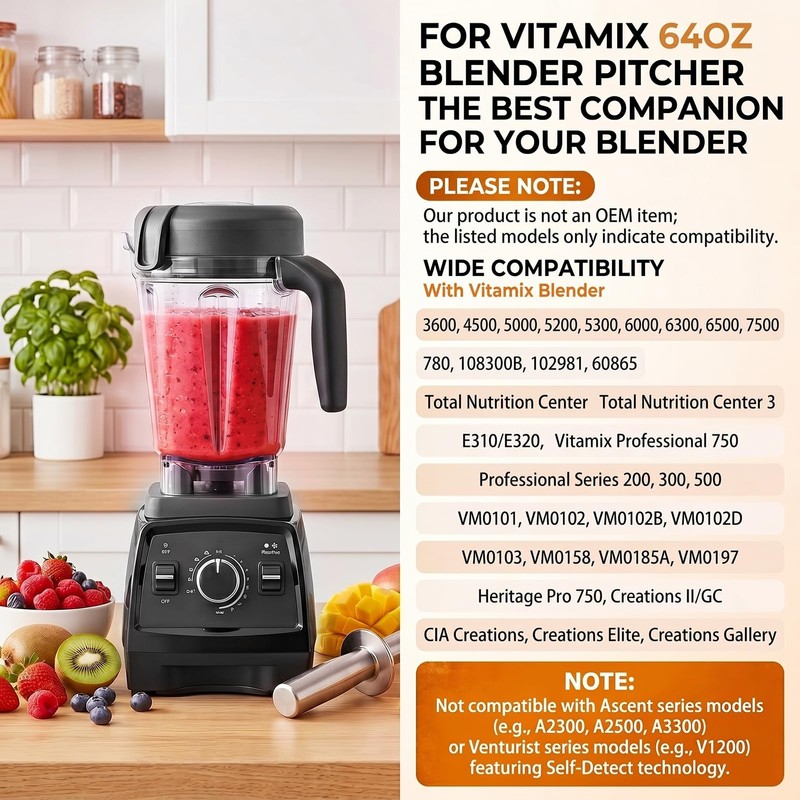 64oz Low-Profile Blender Pitcher Container Compatible with Vitamix 5200 5300