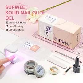 SUPWEE Solid Gel Nail Glue Set: 3d Gel Nail Art for Press On Nails with 240PCS Medium Coffin Gels Nail Tips Mini UV Lamp Nail Extension Home DIY Manicure for Women Girls