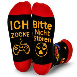 Dealswin Funny Gaming Socks Gamer Gift With Saying "Bitte Nicht Stören Ich Zocke Zocken Socks" Funny Novelty Gifts for Gamers Men Women Christmas Thanksgiving Birthday, black red