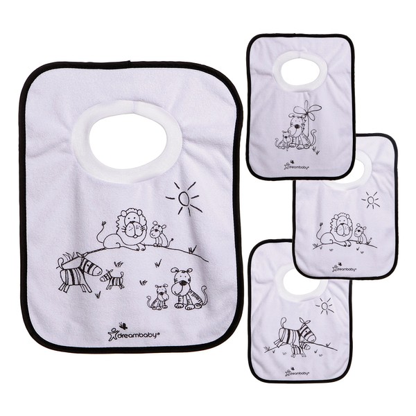 Dreambaby Terry Cloth Pullover Baby Bibs - Super Absorbent for Feeding and Drooling Toddlers - Jungle, 4 PACK,L537