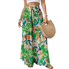 Bsubseach Wide Leg Pants Woman Flowy Floral Palazzo Pants for Women High Waisted Summer Casual Trousers Cruise Outfits Green Printed XXL