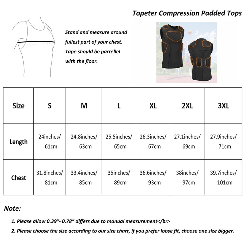 Topeter Padded Compression Shirts with Chest, Rib, Shoulder & Back