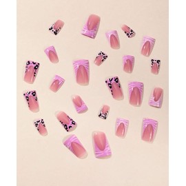 Duck Press-on Nails, Pink Leopard Design 24pc with Clear Display Case, Nail Glue, File, and Adhesive Tabs