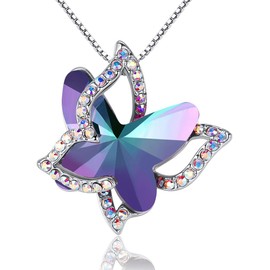 GEMMANCE Butterfly Crystal Necklace with Rainbow Fluorite Purple Healing Stone for Calming Mind, Silver-Tone, 18”+2”Chain