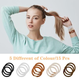 Amabro Elastic Hair Bands, 15 Pieces Ponytail Holder Set, Daily Scrunchies, No Damage, Hair Bands, Highly Elastic Hair Ropes for Thick Hair, Curly Hair (Brown)