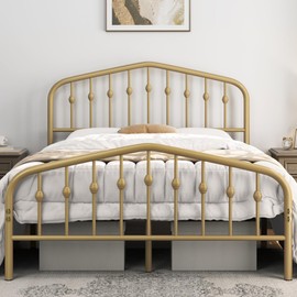 Yaheetech Full Bed Frames Metal Platform Bed with Victorian Style Wrought Iron Headboard and Footboard/Easy Assembly/No Box Spring Needed/Antique Gold Full Bed