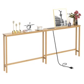 VASMIA 70.9 Inch Narrow Console Table with Outlet,Bamboo Behind Couch Sofa Table,Skinny Hallway Table for Entryway Living Room,Foyer,Natural