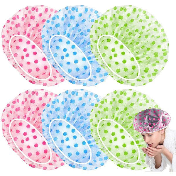 JENWUN Shower Cap, Pack of 6 Waterproof Shower Hats, Reusable Plastic Shower Caps, Elastic Shower Cap for Women, Spa, Salon, Home Use and Hotel