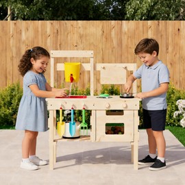 Outdoor Play Kitchen for Kids, Mud Kitchen with Water Faucet, Dual-Sided Chalkboard, Storage Shelves, Cups, Removable Sink, and Pretend Stove – Backyard Toddler Playset for Boys and Girls