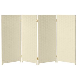 Red Lantern 3 ft. Short Woven Fiber Folding Screen - 4 Panel - Cream