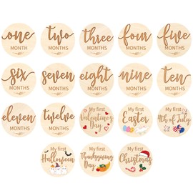 Capoda 18 Pcs Baby Monthly Milestone Cards My First Holiday Milestone Signs 1-12 Months Holiday Wooden Circles Announcement Discs for Boy Girl Photography Photo Baby Shower Newborn Keepsake Gift