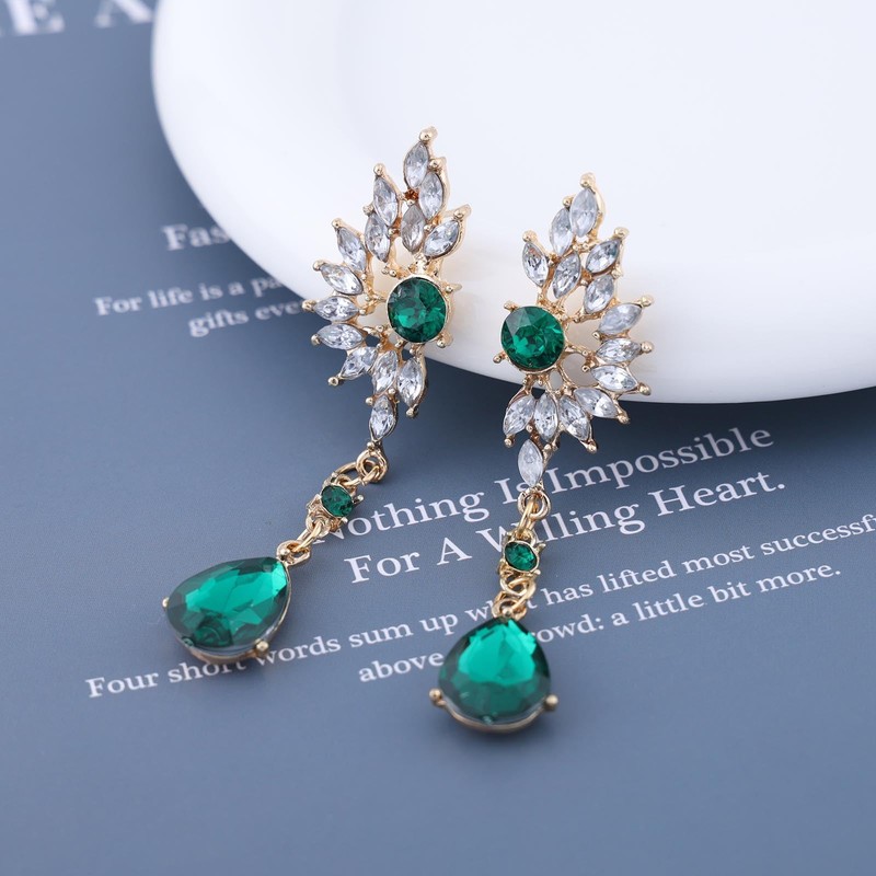 Zeshimb Teardrop Crystal Dangle Earring Rhinestone Chandelier Teardrop Earings Emerald