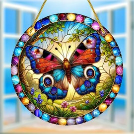 Butterfly Flower Leaf Stained Windows Hanging Suncatcher,Flower Stained Acrylic Suncatchers Window Ornament Stained Glass Panel Sun Catcher Wall Hanging Decor Birthday Gifts