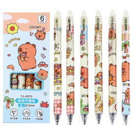 MOZXIRZ 6 Pcs Cute Erasable Pens Capybara Retractable Pen Erasable Gel Pens 0.5mm Fine Point Blue Ink Office School Supplies Cartoon Writing Pen for Women (Capybara-Blue Ink)