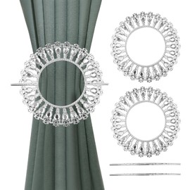 Mewutal 2 Pack Shiny Silver Curtain Tiebacks Luxury Curtain Holdbacks Plastic Curtain Clips Buckle Drapery Holdback Crystal Drapery Tiebacks for Window Decoration, with Rods (26 Crystals, Silver)