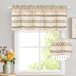 Alishomtll Linen Kitchen Curtains, Beige Striped Short Curtain for Windows, Boho Crochet Curtains with Rod Pocket, 18 Inch Drop Vintage Light Filtering Drapes for Bathroom Cafe, 47 x 18 inch