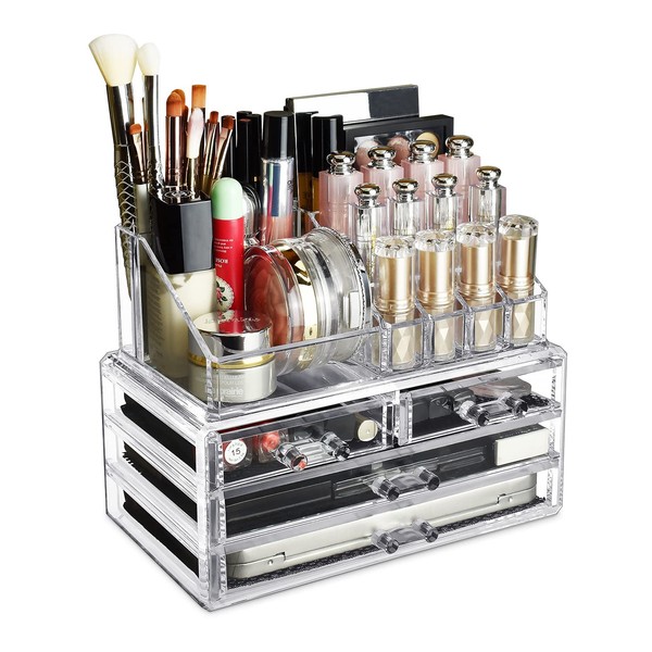 Ikee Design Acrylic Makeup Organizer with 4 Drawers and Removable of Top Lipstick Holders - Enhance Your Vanity, Bathroom, or Dresser with Its Clear Design for Quick Visibility