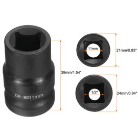 sourcing map 4 Point Square Socket 1/2" Drive 11mm Metric Square Impact Socket CR-MO Blackening Standard Wheel Sockets Pneumatic Socket Tool for Auto Repair Mechanical Maintenance Home Use