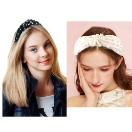 Pearl Headbands Knotted Headbands for Women 3 Colors Knot Turban Headband Fashion Hair Bands Wide Headbands (black+white+pink)
