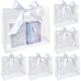 Conlunch 12pcs Clear Plastic Gift Bags with Die Cut Handles, PP Transparent Gift Bags with Ribbon Handles for Wedding Graduation Baby Shower Birthday Party 12.3x9.8x5.1inch (White)