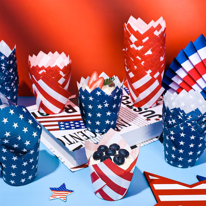 JarThenaAMCS 200Pcs Patriotic July 4th Tulip Cupcake Liners Stars Stripes