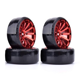 LAFEINA RC Plastic Wheel and Tire Set, 63mm Hard Tyres for 1/10 Drift Car Traxxas HSP Tamiya HPI Kyosho On-Road Drifting Car (Red)