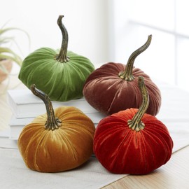 Small velvet pumpkins set of 4, elegant gift set for friend, new apartment, autumn shelf sitter, Thanksgiving tabletop, fern green entryway decor (Rust Fern Gold Bronze)