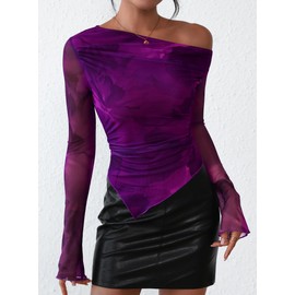 PRETTYGARDEN Womens Fall Trendy Off Shoulder Y2k Tops 2025 Tie Dye Mesh Long Sleeve Shirts Asymmetrical Ruched Floral Blouse (Print Purple,Small)