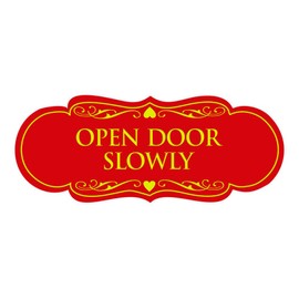 Signos ByLITA - Señal de diseño de puerta abierta (rojo/amarillo), tamaño pequeño