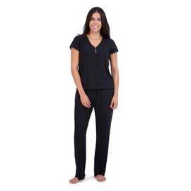 Aerosoles Women's Ribbed Henley Cozy Pjs 2 Piece Lounge Cotton Pajama Set, Black, Small