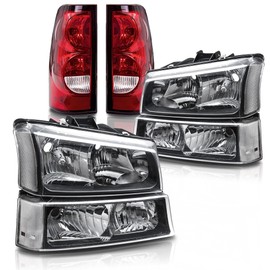 ISHARINGAUTOPARTS Headlight Assembly w/Tail Lights Set compatible with 2003 2004 2005 2006 Chevy Silverado 1500 2500 3500,Black Housing Headlamp w/Red Taillights Rear Brake Lamp