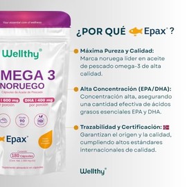 Wellthy Omega 3 Epax® 180 Cápsulas Ácidos Grasos 2000mg. Aceite de Pescado Noruego Ultraconcentrado. 30% EPA y 20% DHA La más alta concentración, Alta