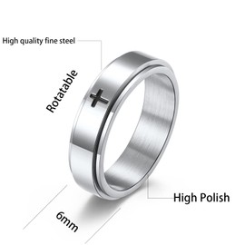 6mm Titanium Steel Silver Fidget Ring Engraved Small Cross Stainless Steel Spinner Rings Stress Relieving Anxiety Ring Engagement Wedding Promise Band for Women Men Boys Girls Size 7