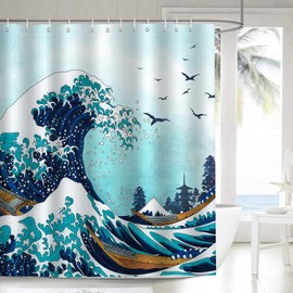 Bonhause Great Wave Shower Curtain Japanese Kanagawa Ocean Waves Blue Decorative Bath Curtain 72 x 72 Inch Polyester Fabric Waterproof Bathroom Curtain with 12 Hooks