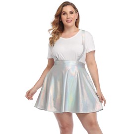 HDE Plus Size Shiny Metallic Suspender Skirt High Waisted Holographic Rave Skirt (Holographic Silver, 2X)