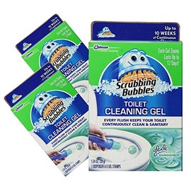 (3 Pack) Scrubbing Bubbles, Toilet Cleaning Gel, Glade Rainshower Scent, 1 despenser and 6 gel stamps in ea. pack