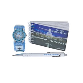 Time Design Kids Boys Touchdown Plane Flying Blue Watch Pen Log-Book Set Gift
