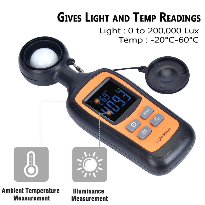 Digital Light Meter,V·Resourcing Handheld Illuminance Meter with Ambient Temperature Measurer,Range
