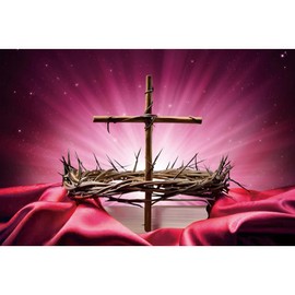 8 * 6ft Jesus Church Cross Backdrop Crown of Thorns and Nails Christian Photographic Background for Church Red Holy Light Glowing Religious Backdrop Banner Resurrection Decor Photo Props