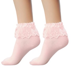 QHANSHIEE Pink Ruffle Socks Lace Ankle Ruffle Socks for Women Pink Lace Edge Opaque Socks Pink lace Cotton Socks Pink Lace Socks Pink Socks for Women