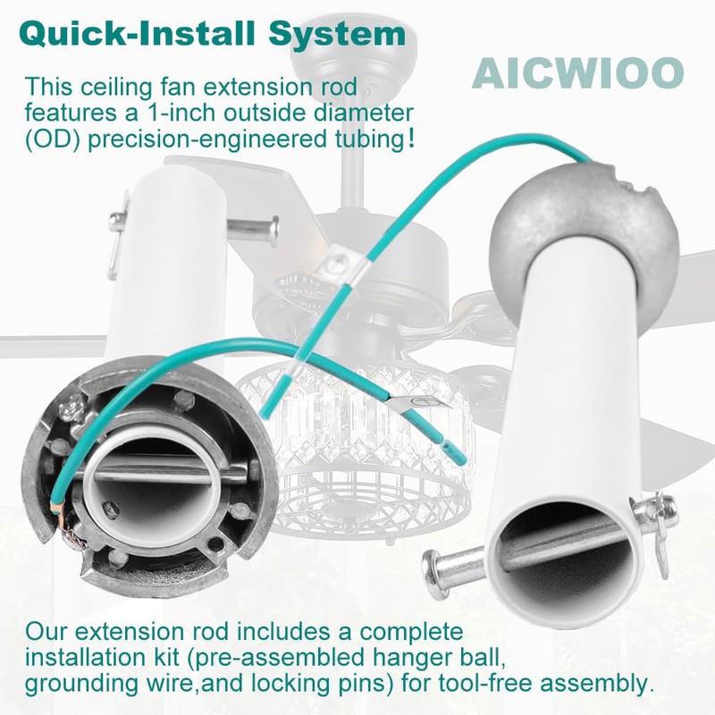 6 inch White Ceiling Fan Downrod with Hanger Ball Assembly,1-inch