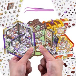 4 Sets DIY 3D Fun Mini House Scenes Stickers with Tweezers Make Your Own Mini Vintage Treasure Chest World Scenes Stickers Cute Mini Room Craft Stickers for Relief Stress Pass The Time